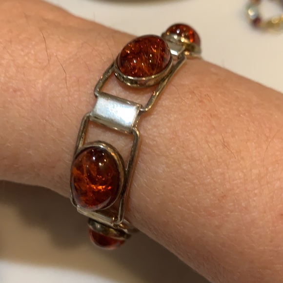 Sterling Silver & Amber bracelet W/safety chain - Picture 2 of 3